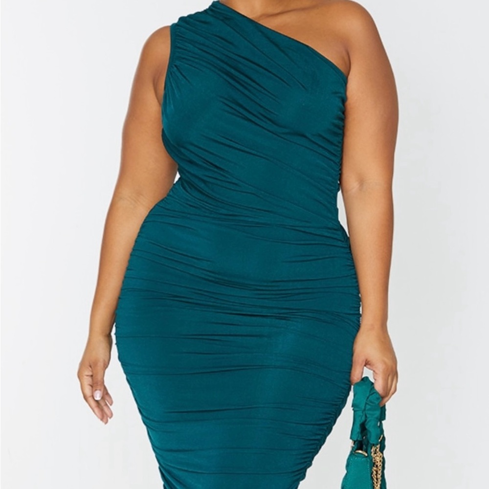 PrettyLittleThing Teal One-Shoulder Dress